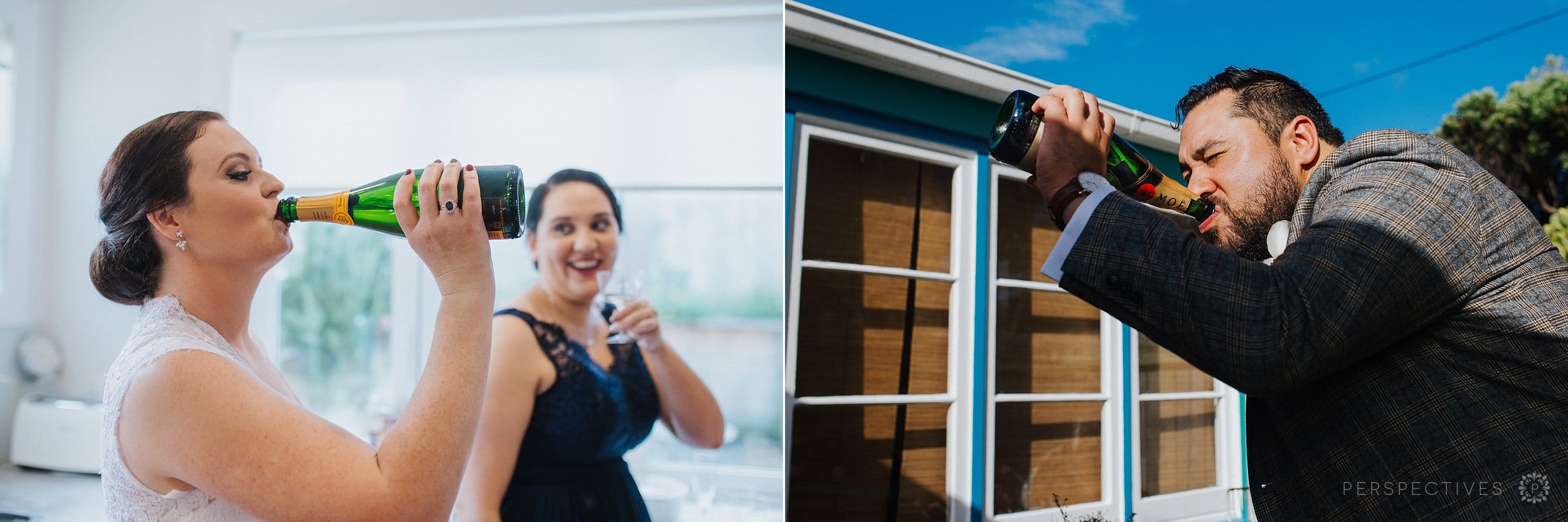 Bride and groom drinking champagne from the bottle