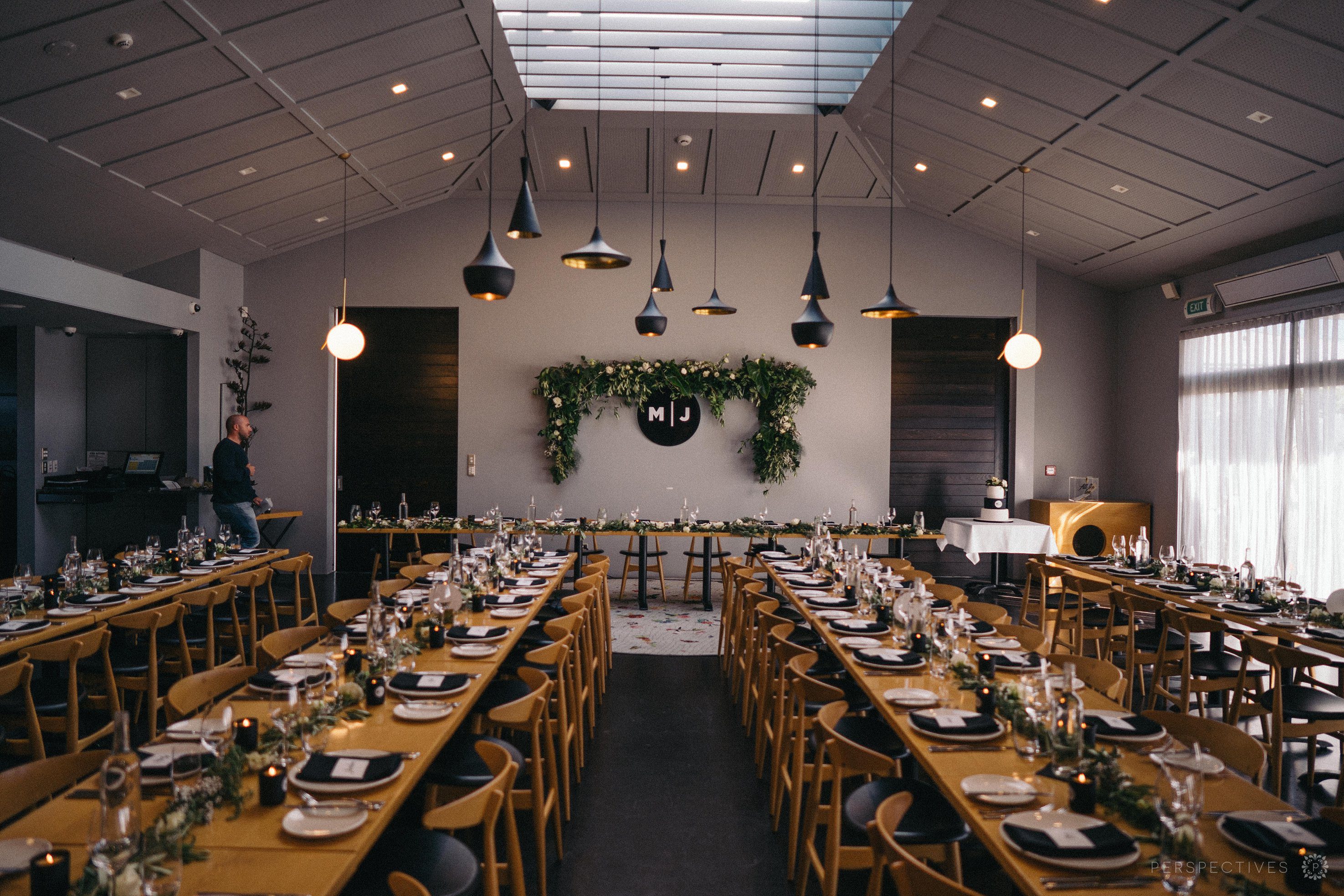 Wedding reception room setup at Cable Bay, Waiheke