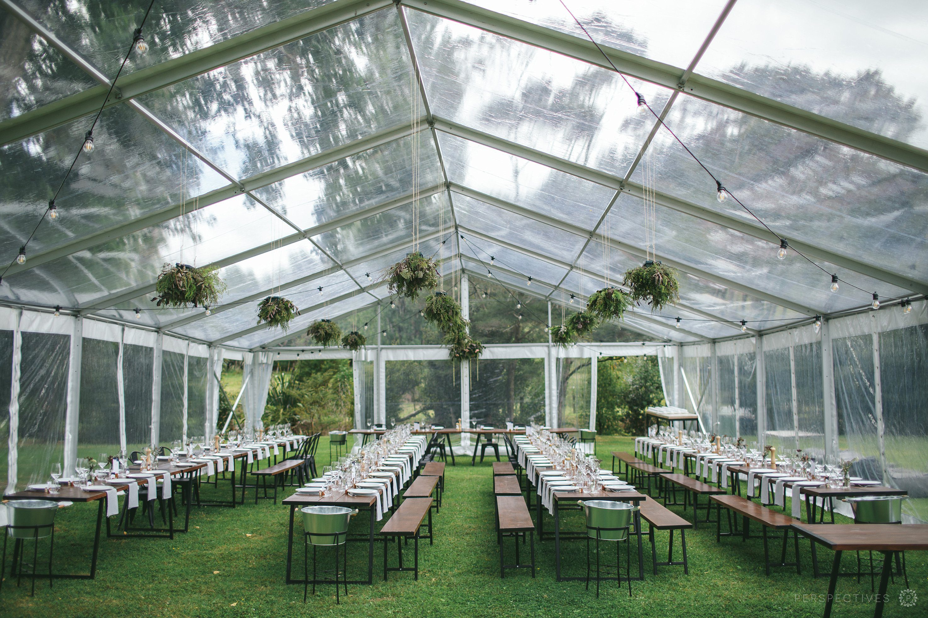 Setup of wedding marquee tables