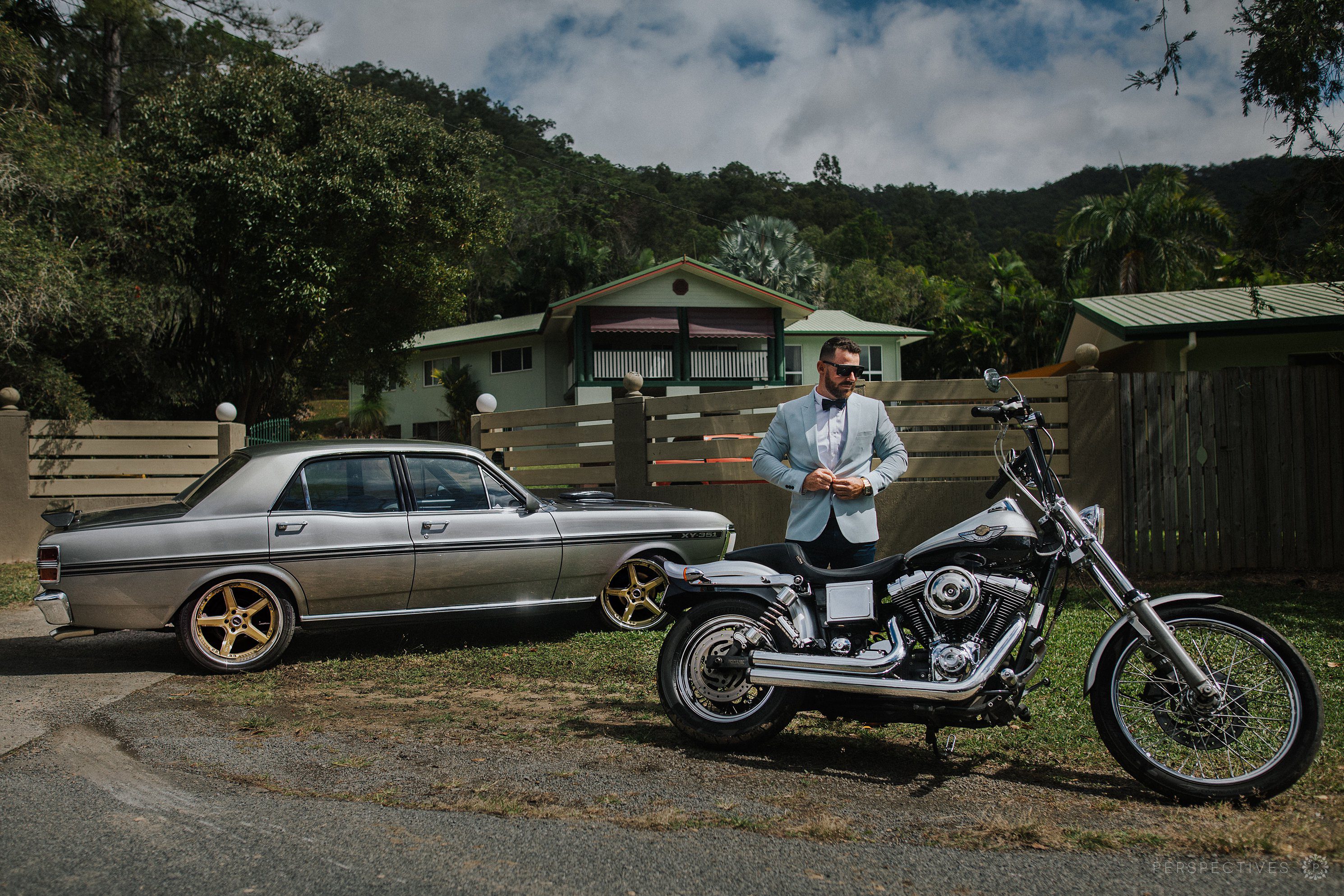 Wedding photos with Harley Davidson bike