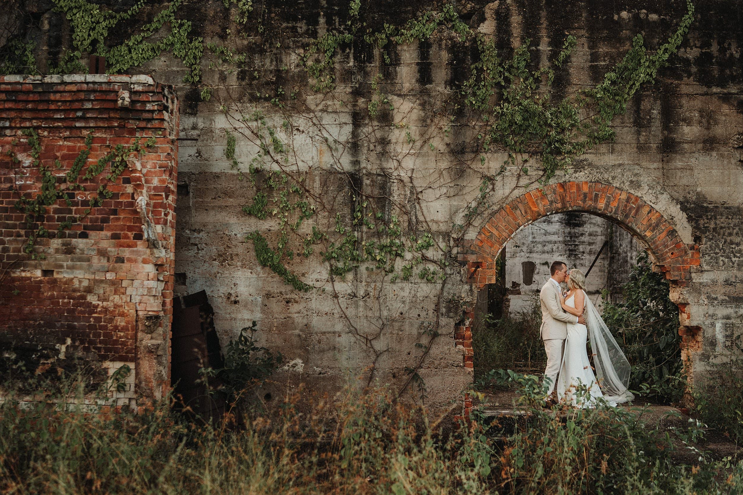 Wedding photo in abandoned mine building at Mount Mulligan lodge