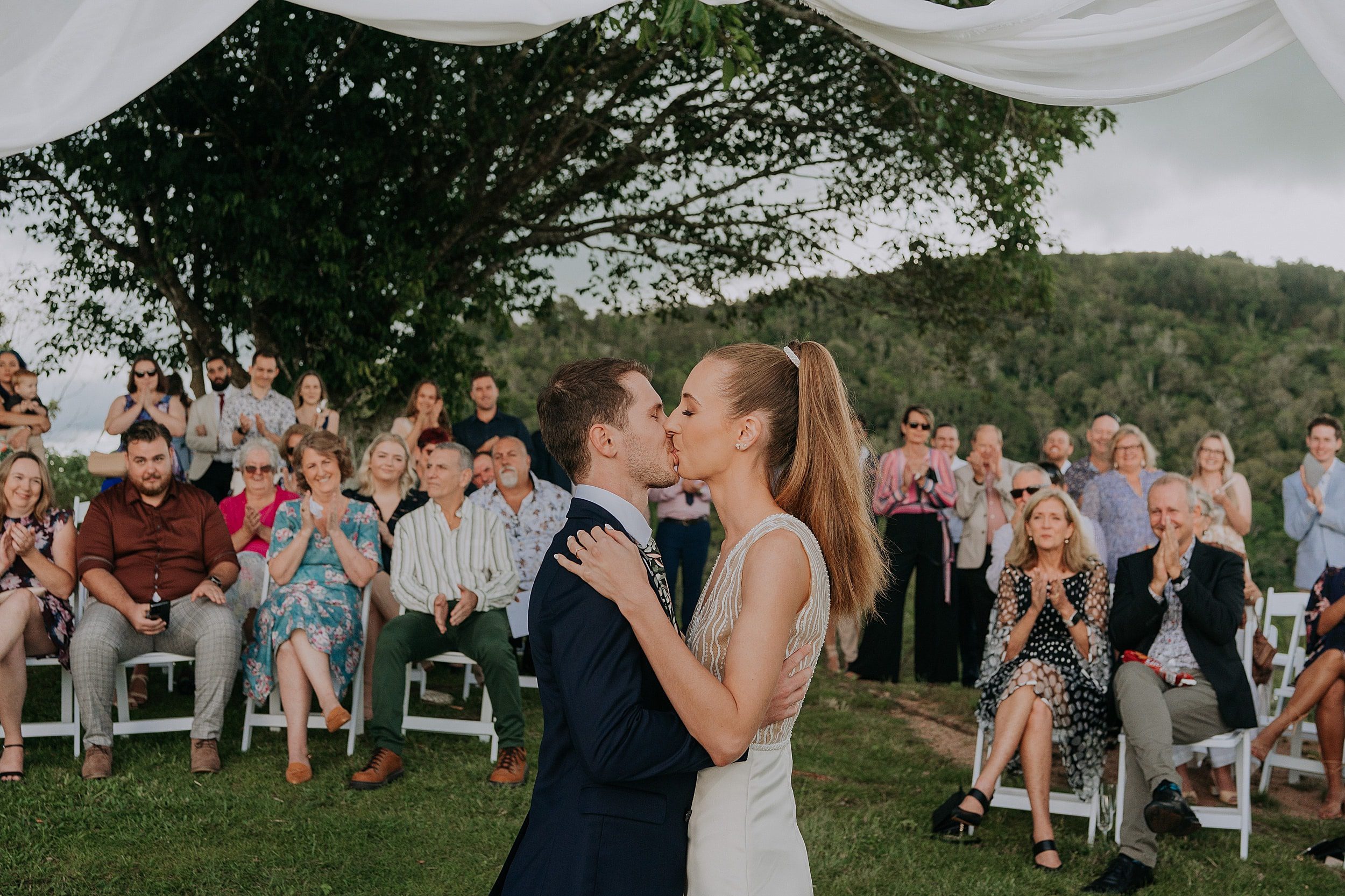 First kiss at Mount Quincan Retreat wedding