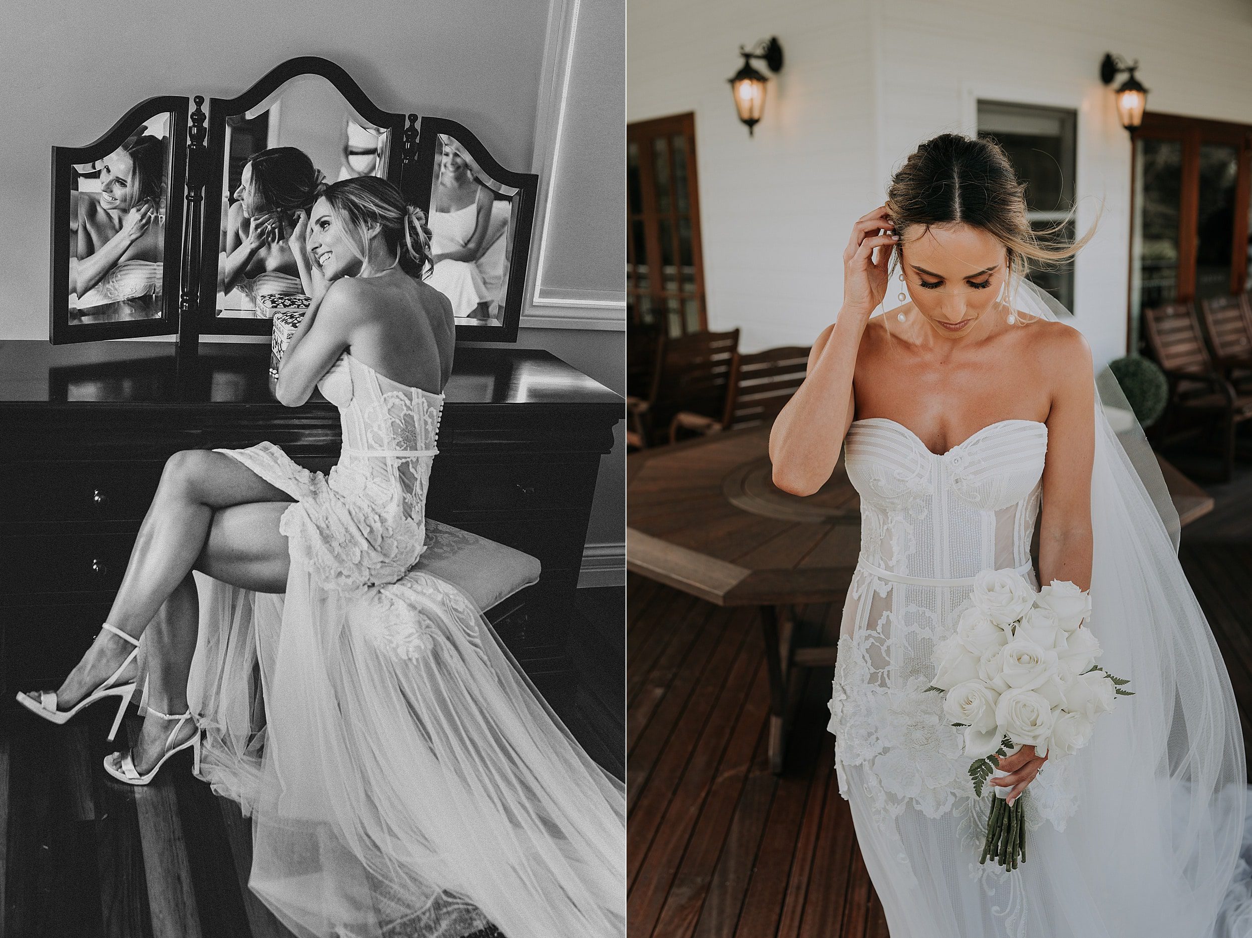 Bride getting dressed before Lakeside retreat wedding