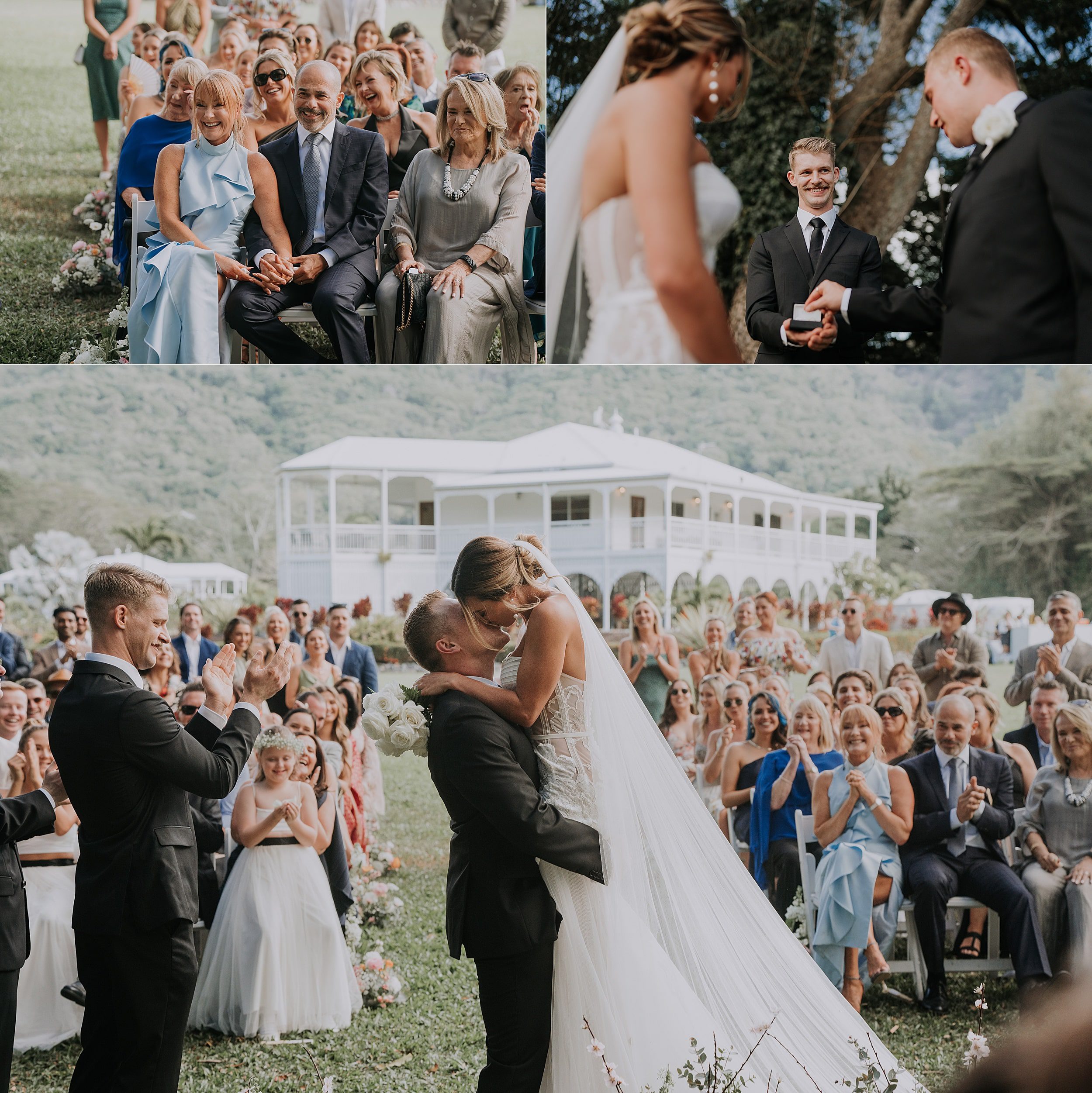 Lakeside Retreat Mowbray wedding first kiss photo